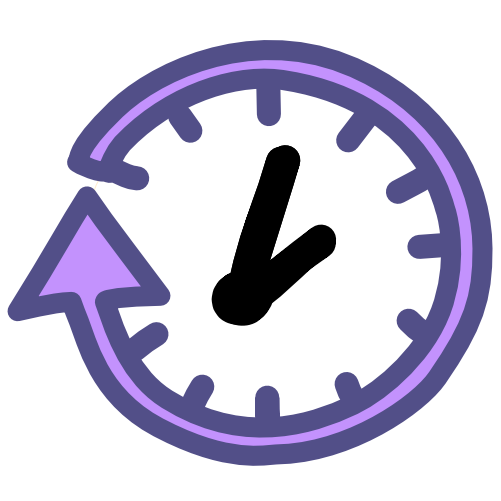  a purple arrow makes a circle, its ends are on the right side and it is traveling clockwise. The circular space created by the arrow is a transparent clock face. The ticks are purple and the hands are black. Everything has a white outline 